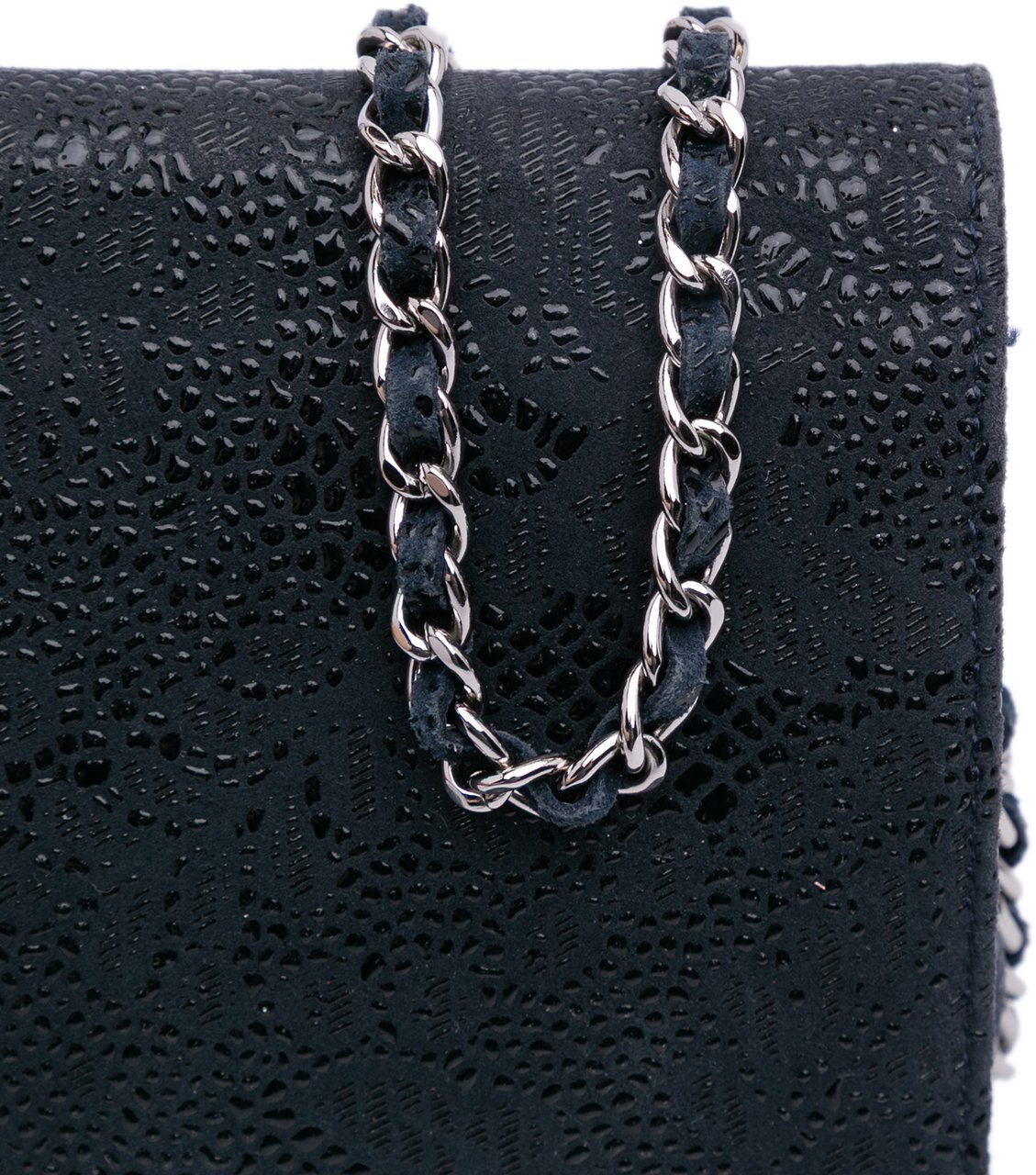 Chanel Lace Overlay Goatskin Wallet On Chain Blauw