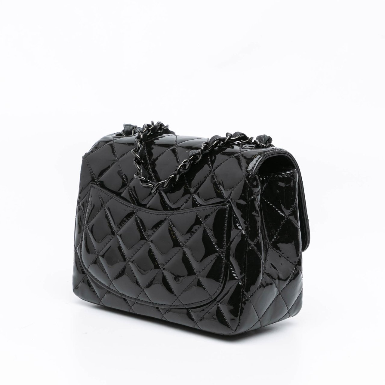 Chanel Mini Square Classic Patent So Black Single Flap Zwart