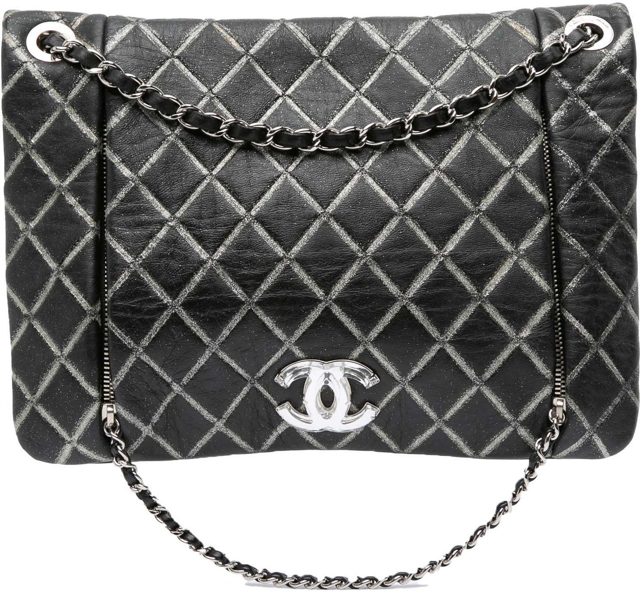 Chanel Quilted Metallic Distressed Lambskin CC Crystal Flap Zwart