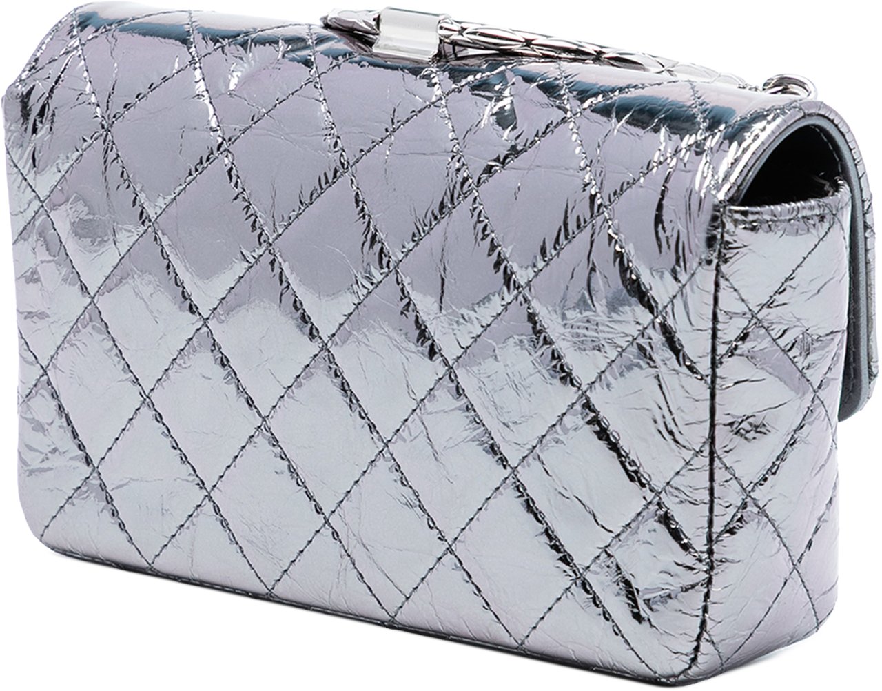 Chanel Mini Quilted Metallic Calfskin Ring Top Handle Flap Zilver