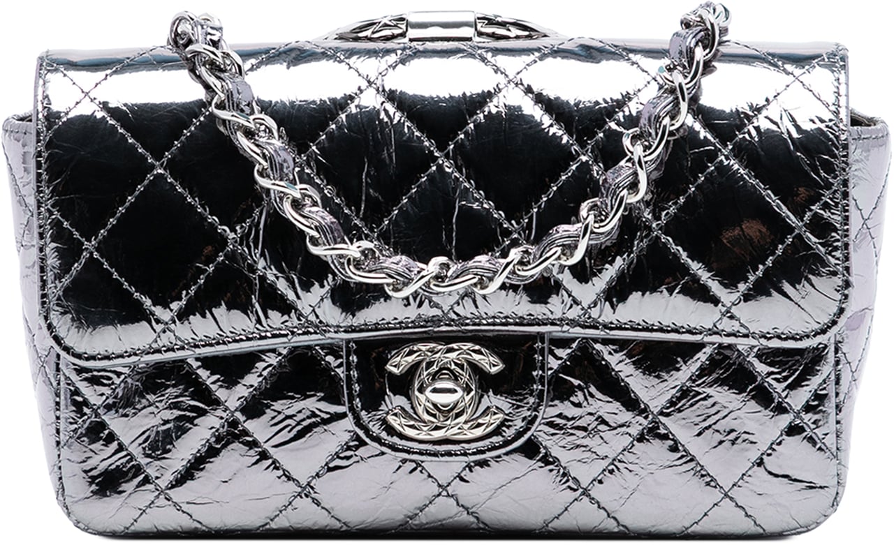 Chanel Mini Quilted Metallic Calfskin Ring Top Handle Flap Zilver