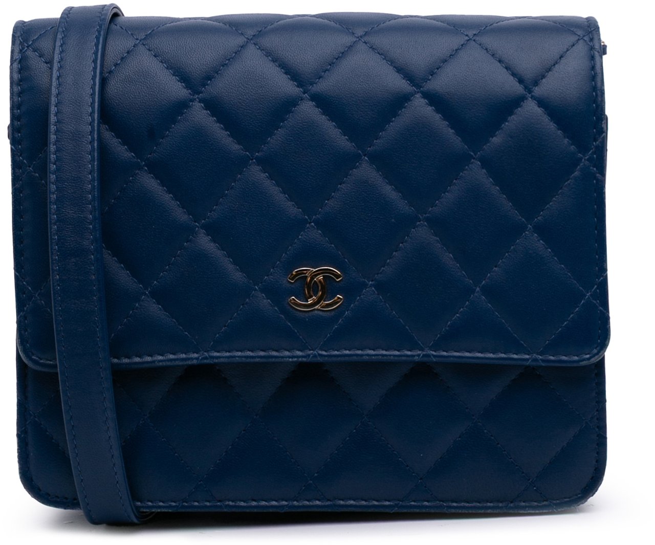 Chanel Quilted Lambskin Square Wallet on Chain Blauw