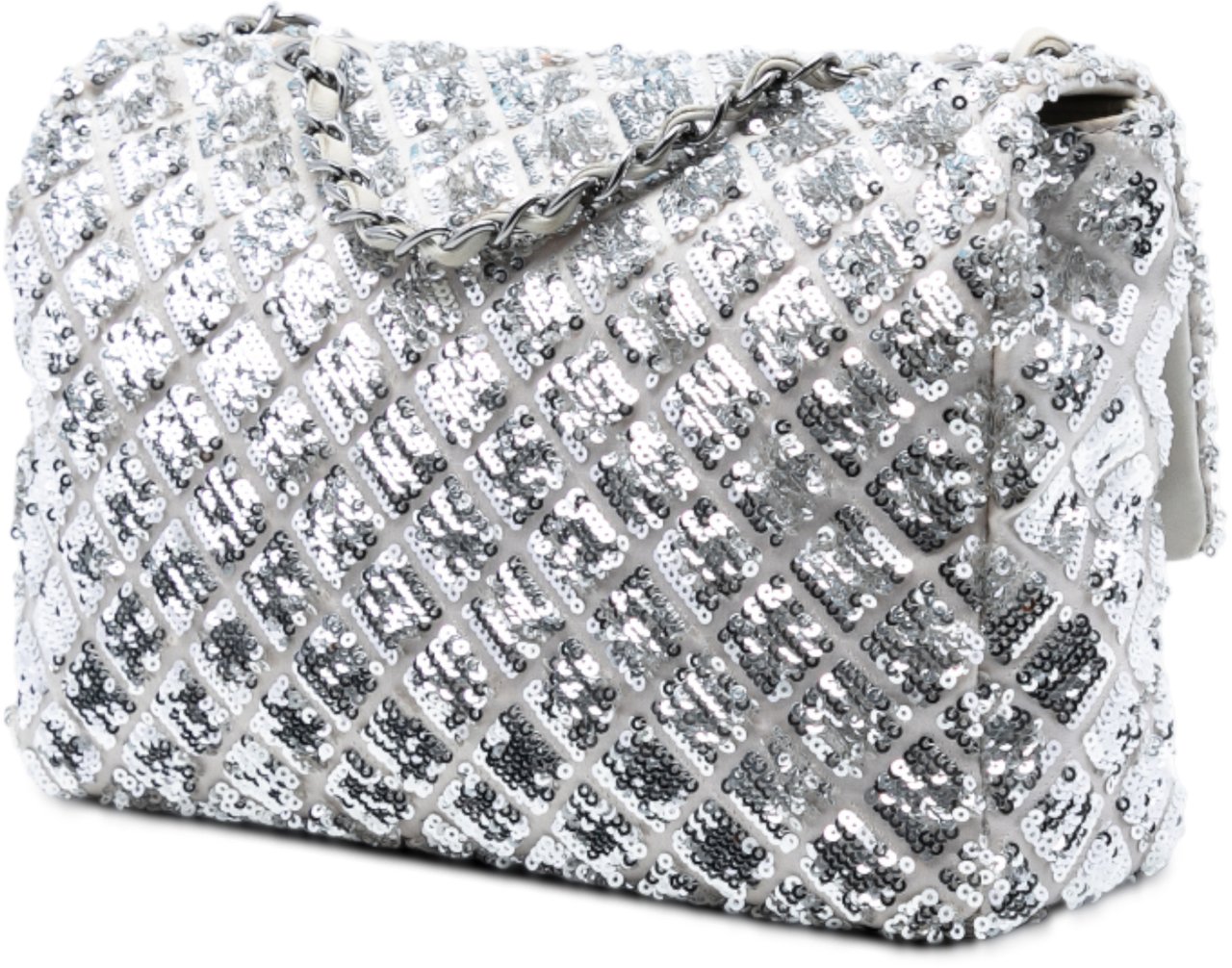 Chanel Medium Classic Satin and Sequin Single Flap Zilver