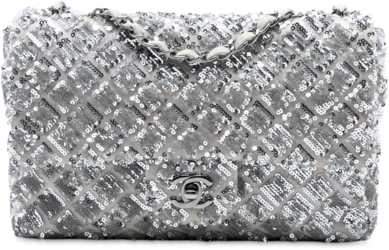 Chanel Medium Classic Satin and Sequin Single Flap Zilver