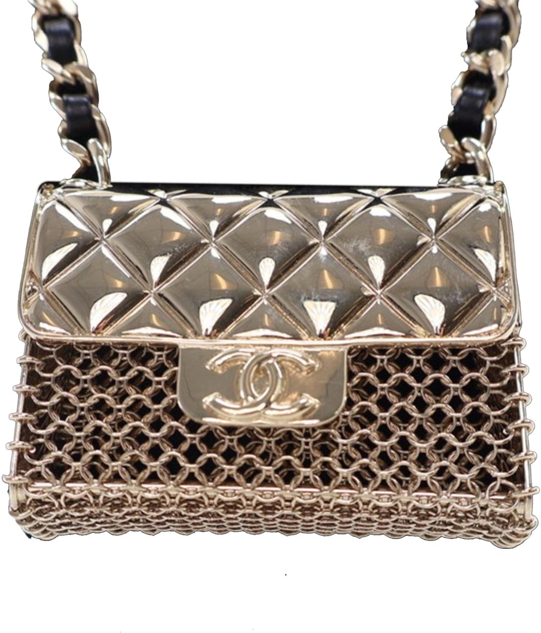 Chanel Leather and Gold Plated Classic Flap Bag Pendant Necklace Goud