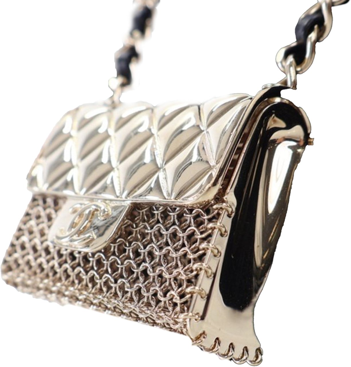 Chanel Leather and Gold Plated Classic Flap Bag Pendant Necklace Goud