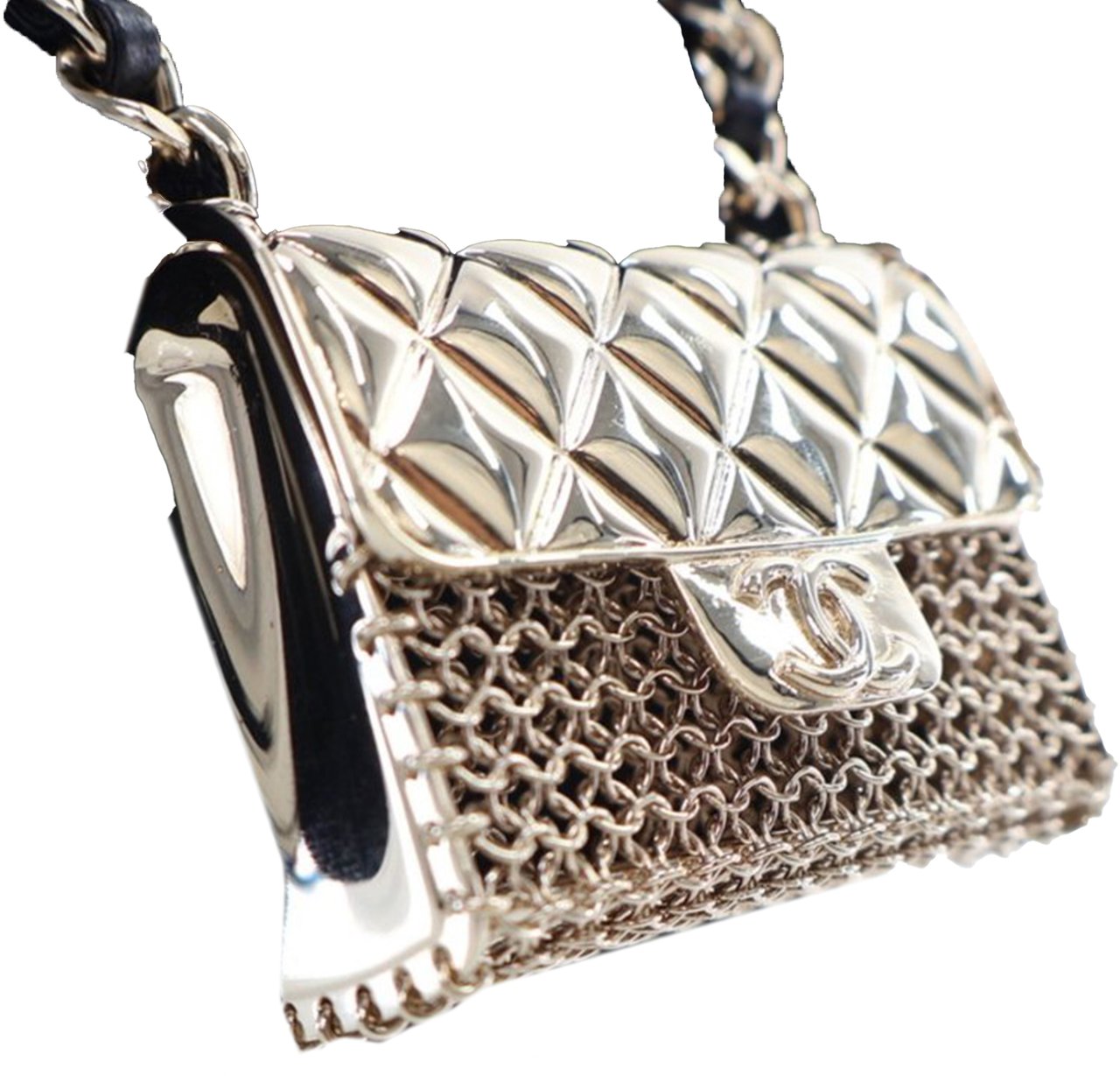 Chanel Leather and Gold Plated Classic Flap Bag Pendant Necklace Goud