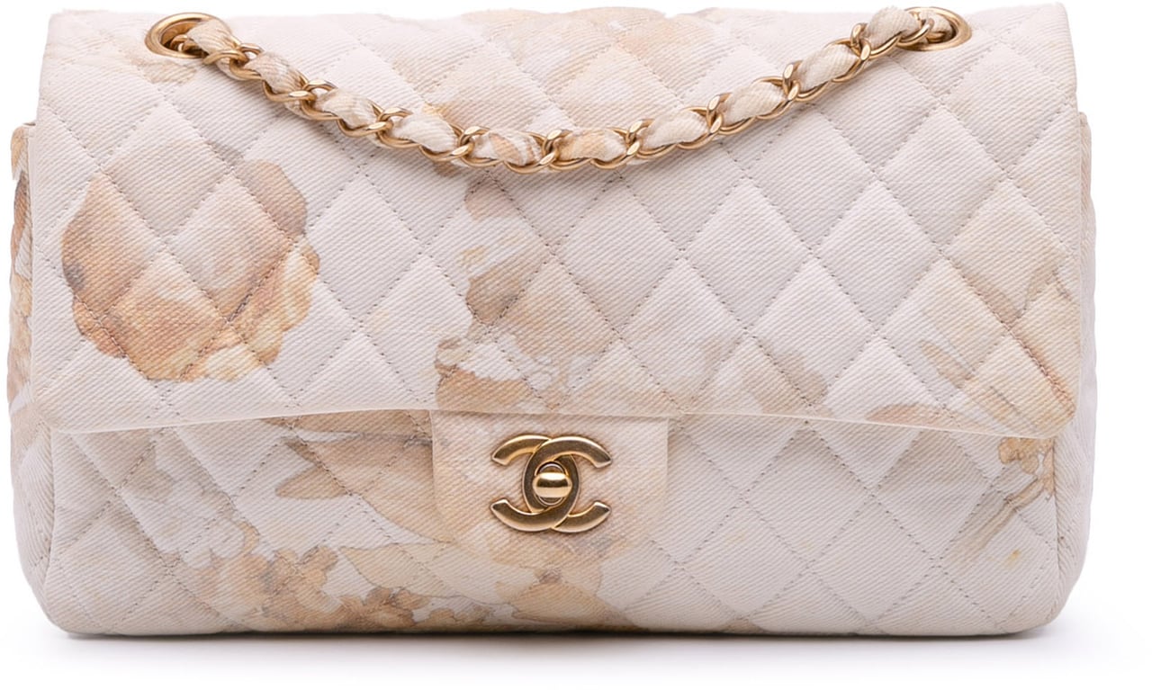 Chanel Medium Classic Printed Denim Floral Double Flap Bruin