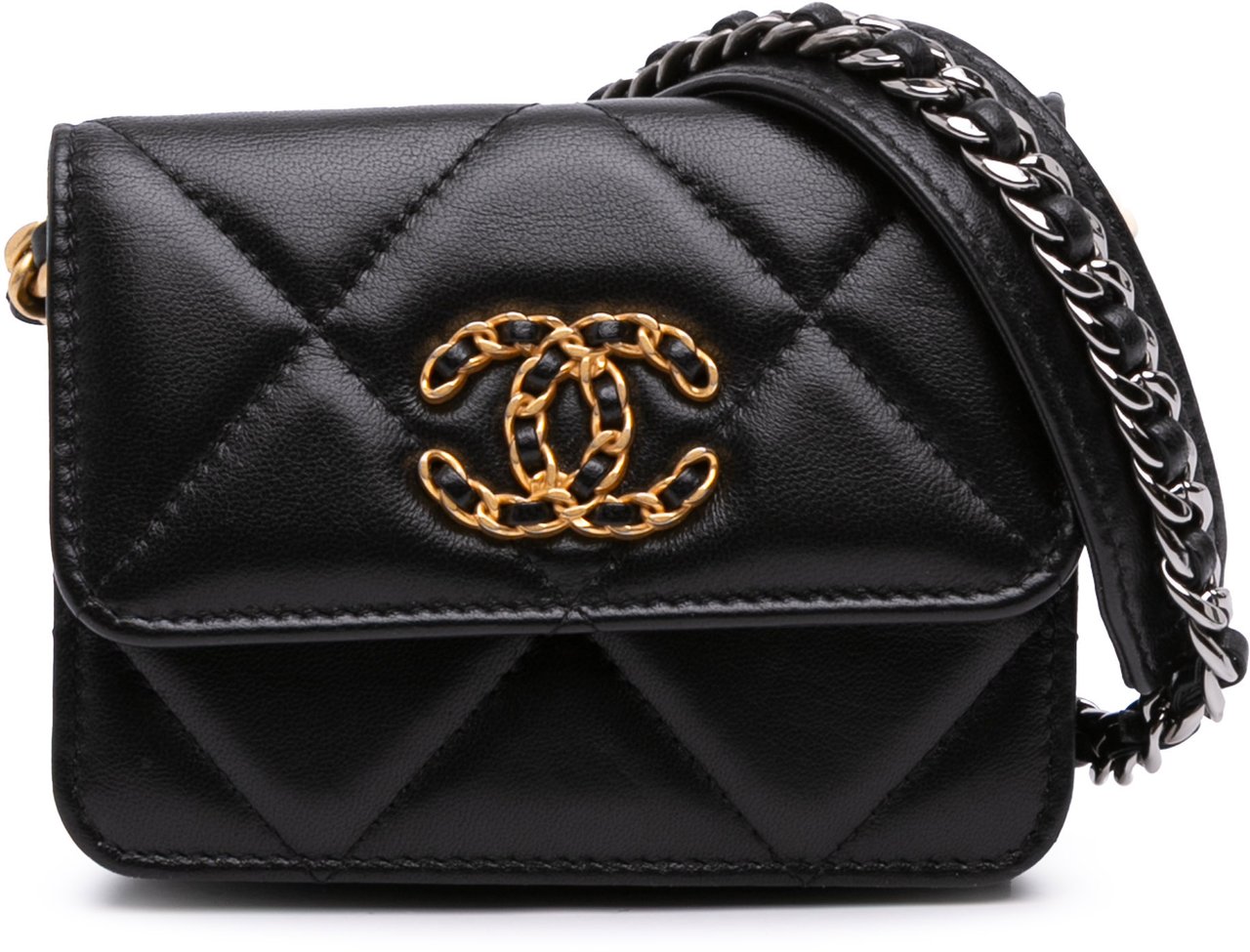 Chanel Lambskin 19 Flap Coin Purse With Chain Zwart
