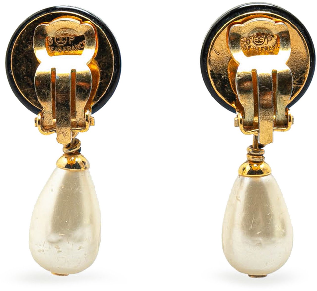 Chanel Gold Plated Faux Pearl CC Drop Clip On Earrings Goud