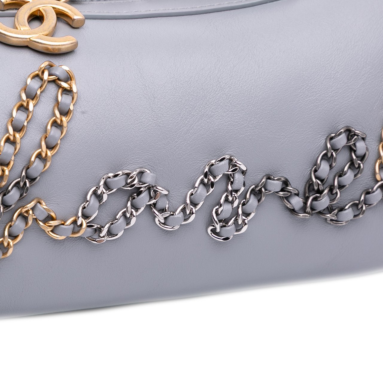 Chanel Calfskin Signature Chain Signe Bowling Bag Grijs