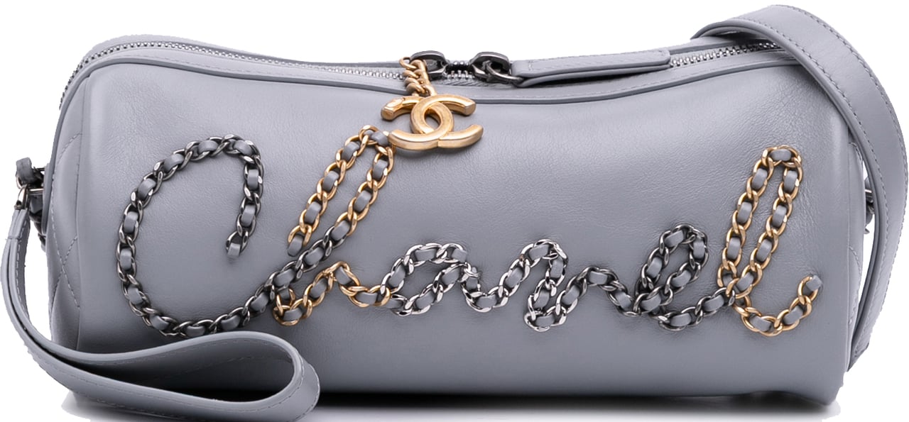 Chanel Calfskin Signature Chain Signe Bowling Bag Grijs