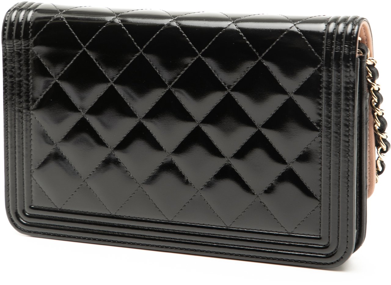 Chanel Quilted Patent Boy Wallet on Chain Zwart