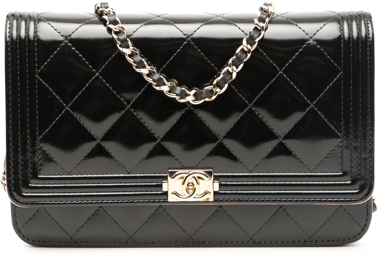 Chanel Quilted Patent Boy Wallet on Chain Zwart