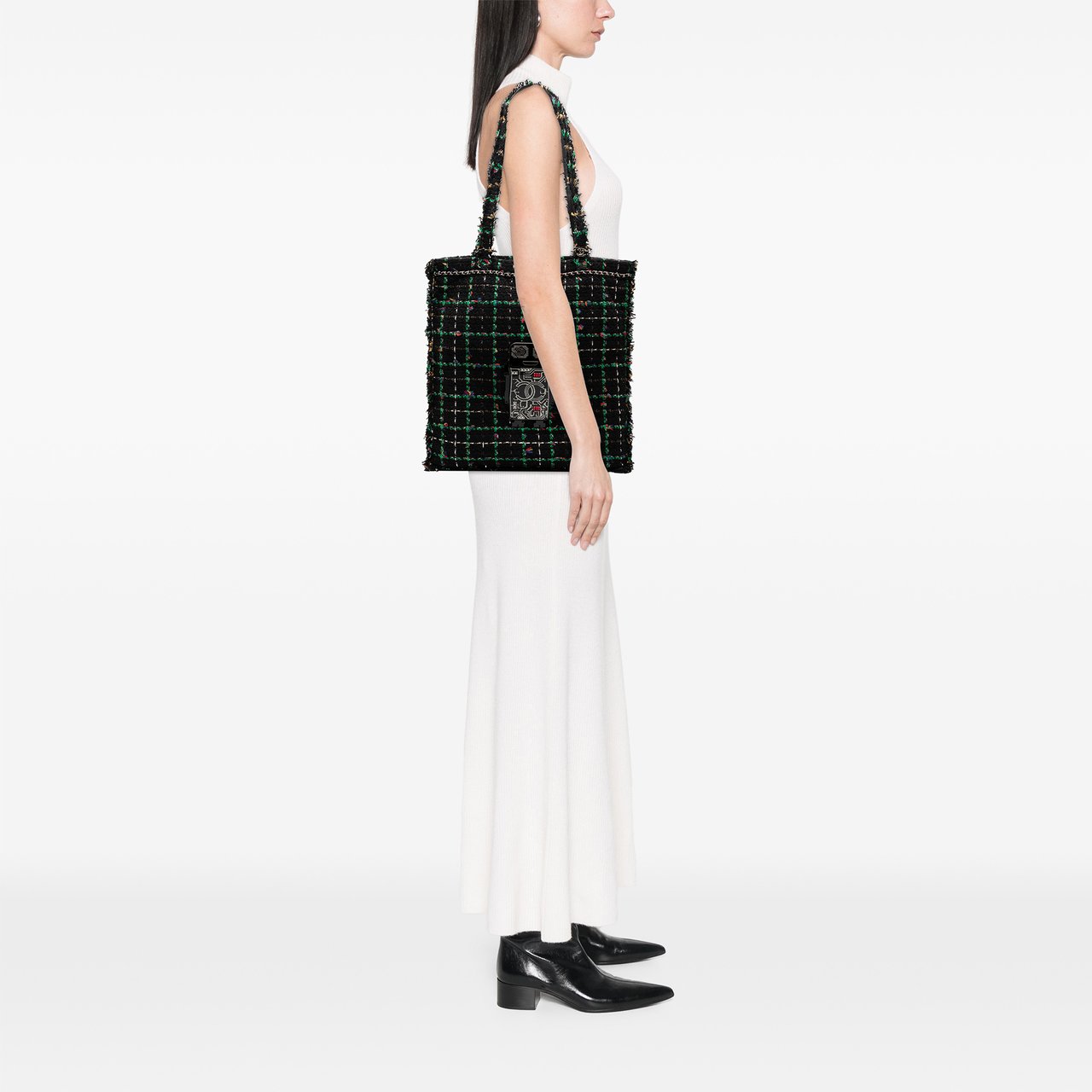Chanel Large Tweed Resin Embellished Robot Shopping Tote Zwart