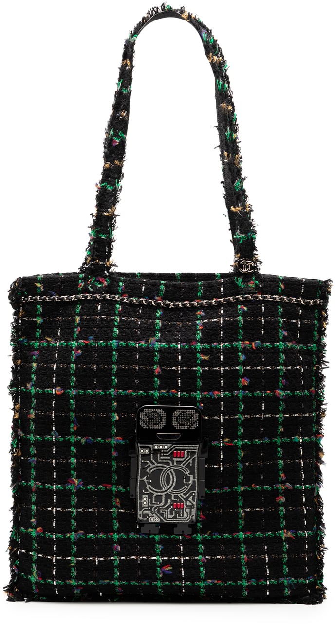 Chanel Large Tweed Resin Embellished Robot Shopping Tote Zwart