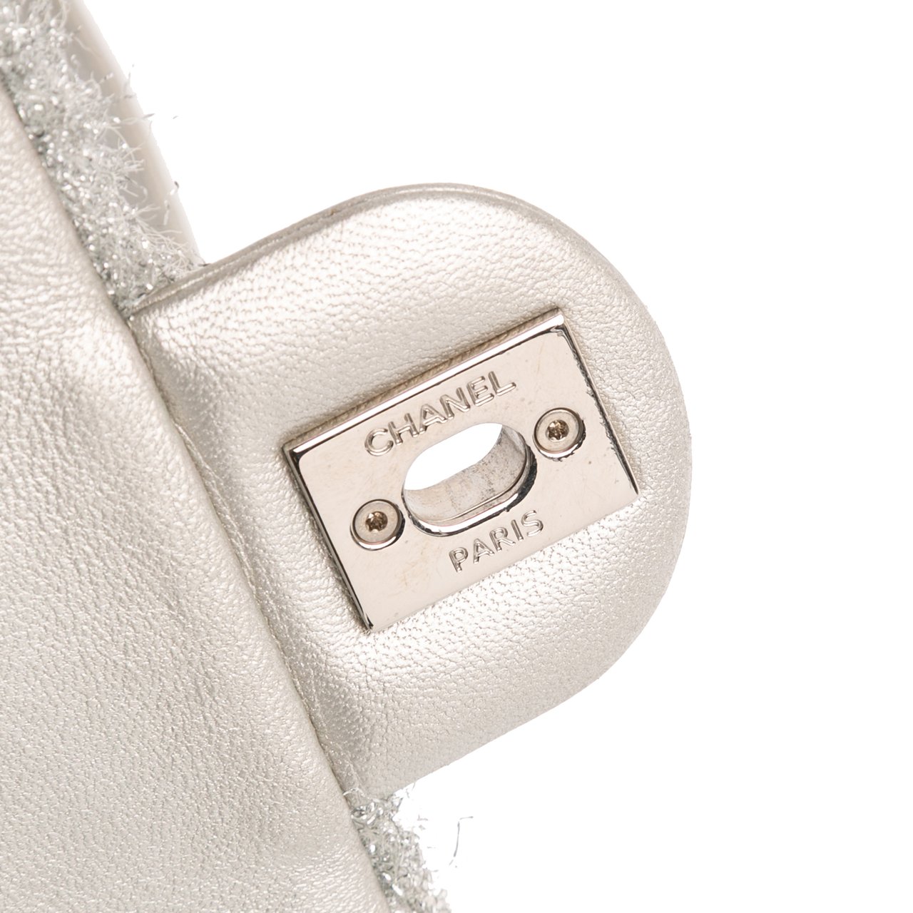 Chanel Medium Quilted Lurex Ground Control Pluto Glitter Flap Zilver