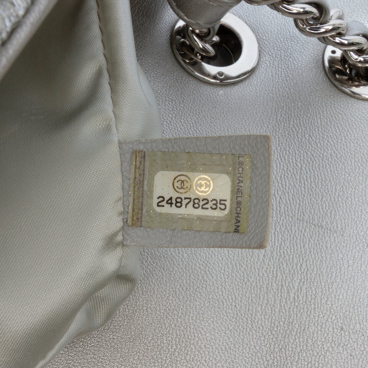 Chanel Medium Quilted Lurex Ground Control Pluto Glitter Flap Zilver