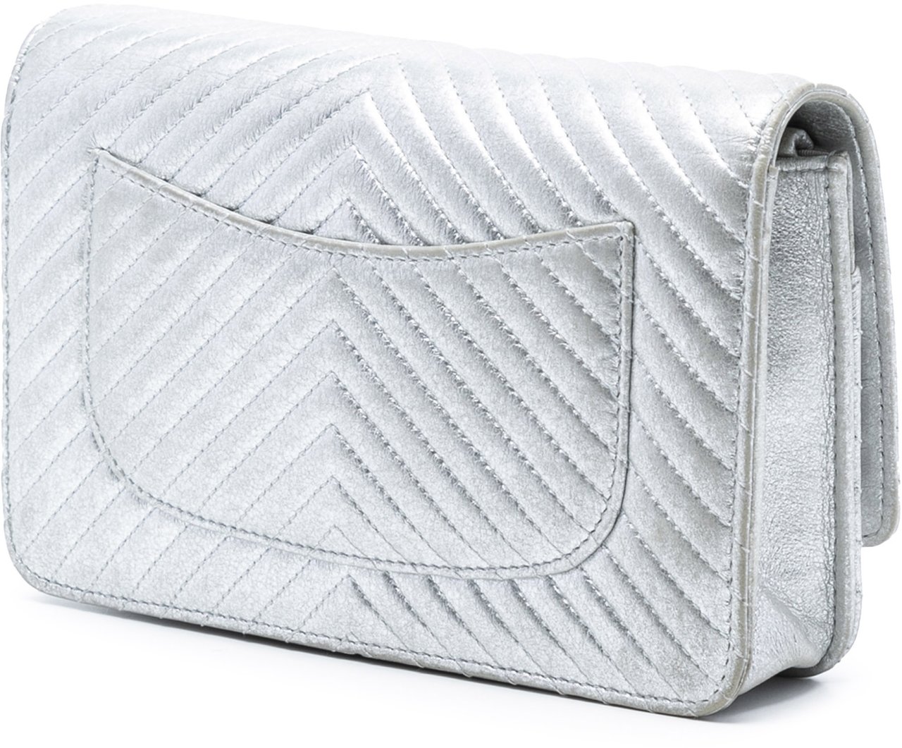 Chanel CC Chevron Metallic Lambskin Wallet On Chain Zilver