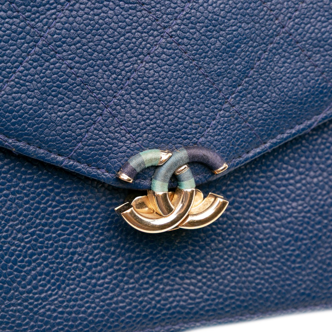 Chanel Square Quilted Grained Calfskin Cuba Thread Around Wallet On Chain Blauw
