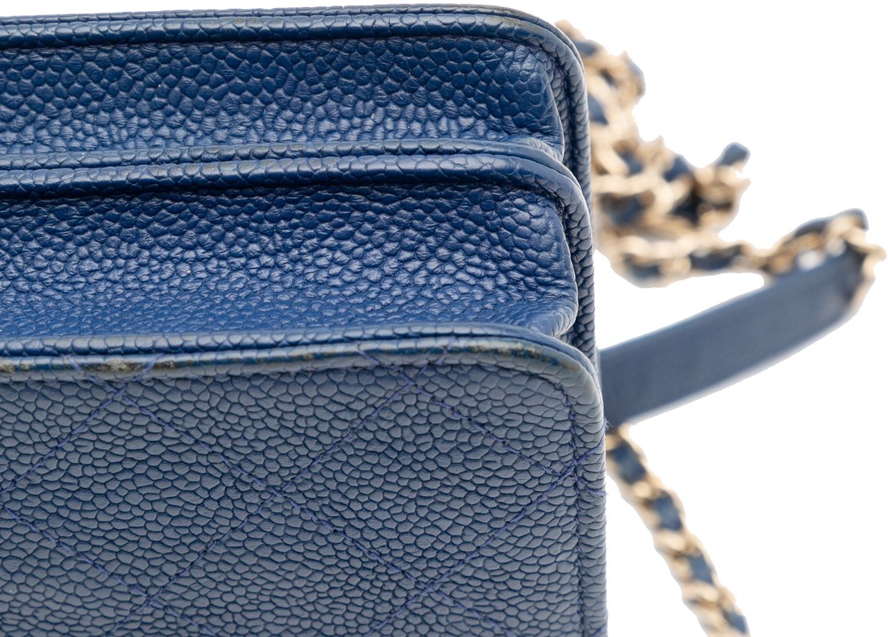 Chanel Square Quilted Grained Calfskin Cuba Thread Around Wallet On Chain Blauw