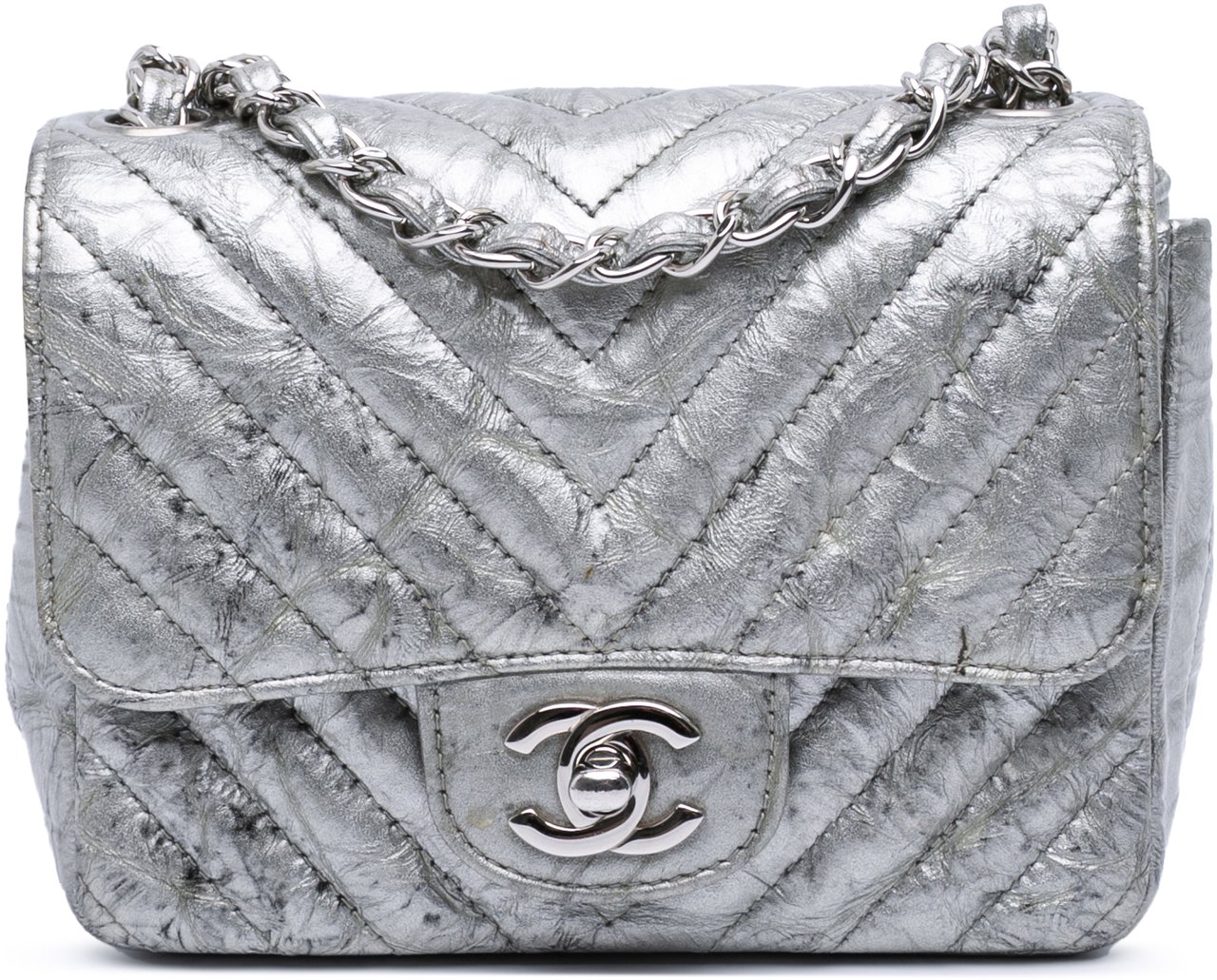 Chanel Mini Square Classic Chevron Metallic Crumpled Patent Single Flap Zilver