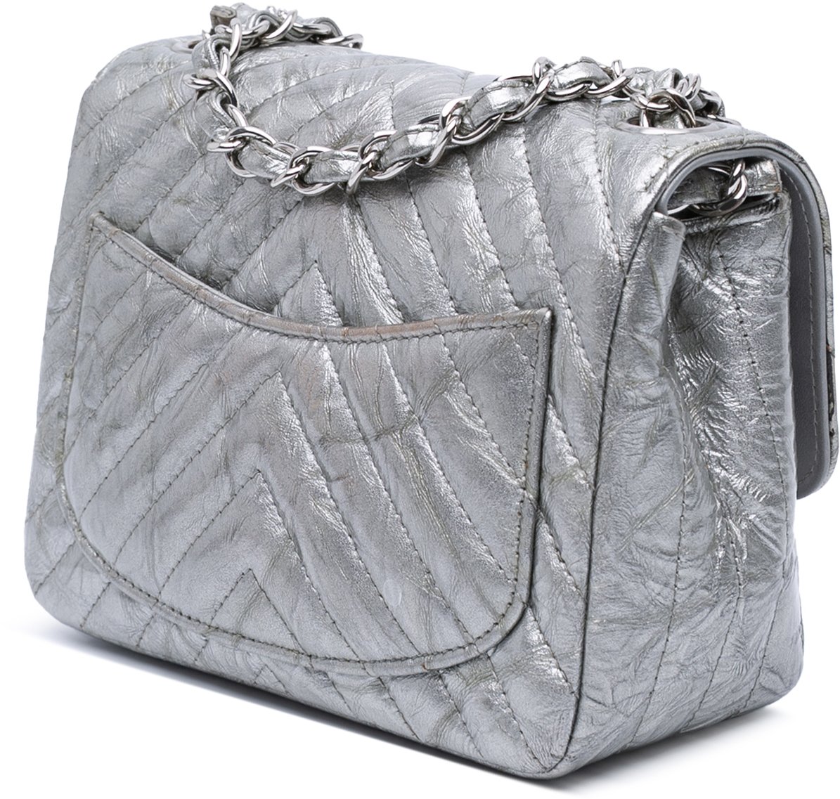 Chanel Mini Square Classic Chevron Metallic Crumpled Patent Single Flap Zilver