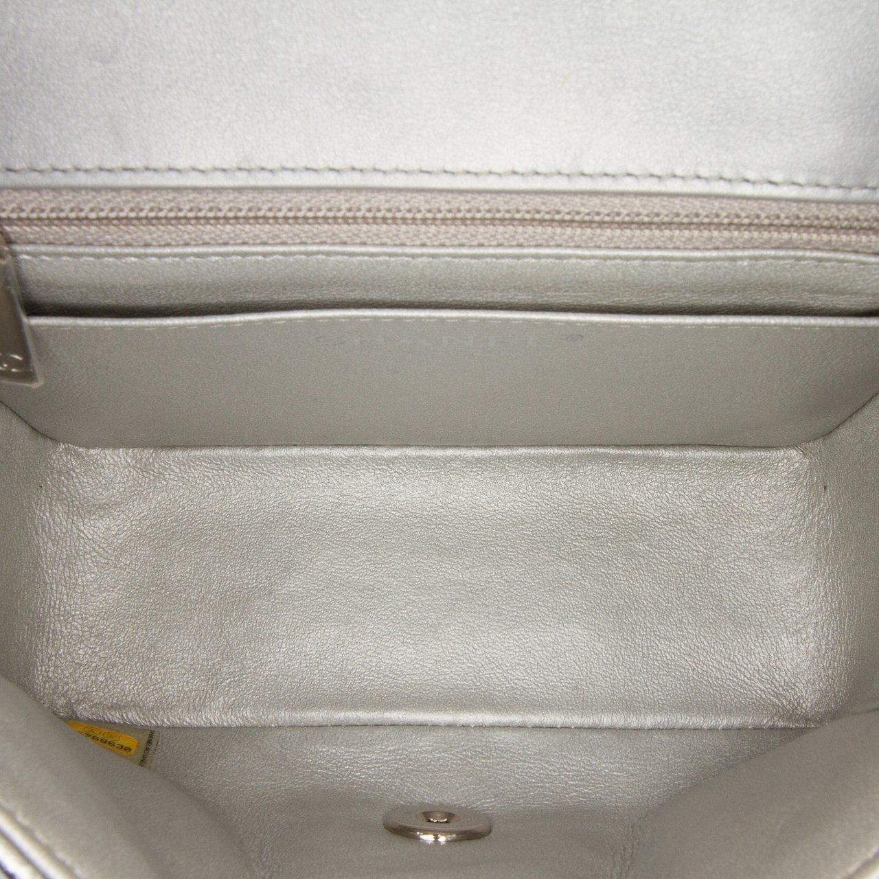 Chanel Mini Square Classic Chevron Metallic Crumpled Patent Single Flap Zilver