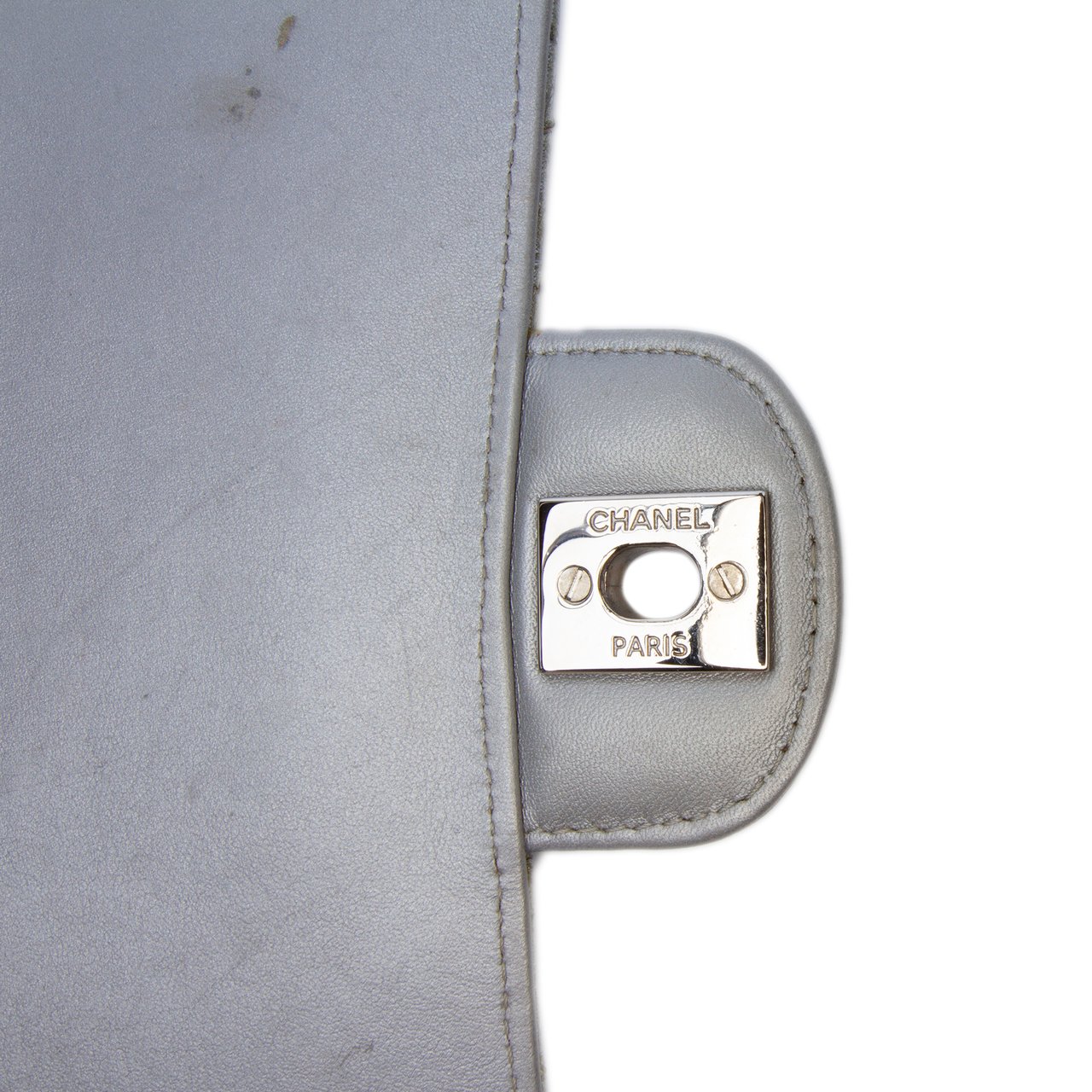 Chanel Mini Square Classic Chevron Metallic Crumpled Patent Single Flap Zilver