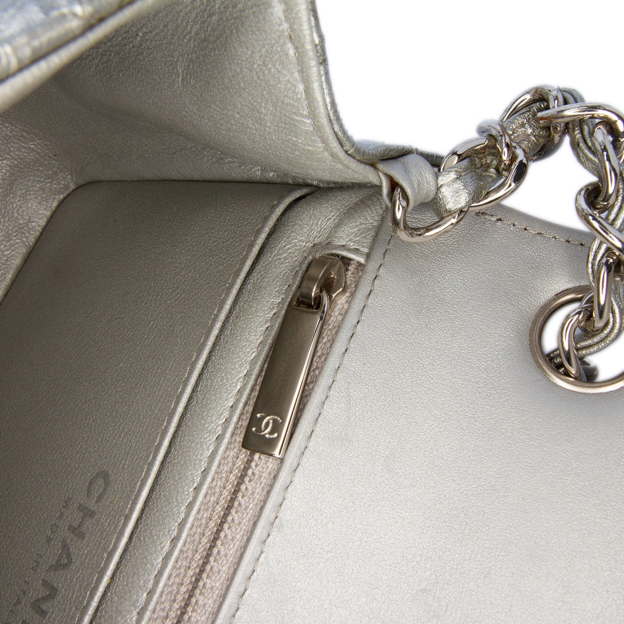 Chanel Mini Square Classic Chevron Metallic Crumpled Patent Single Flap Zilver