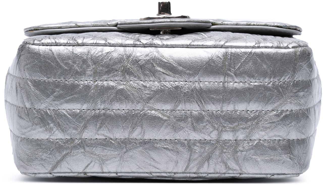 Chanel Mini Square Classic Chevron Metallic Crumpled Patent Single Flap Zilver