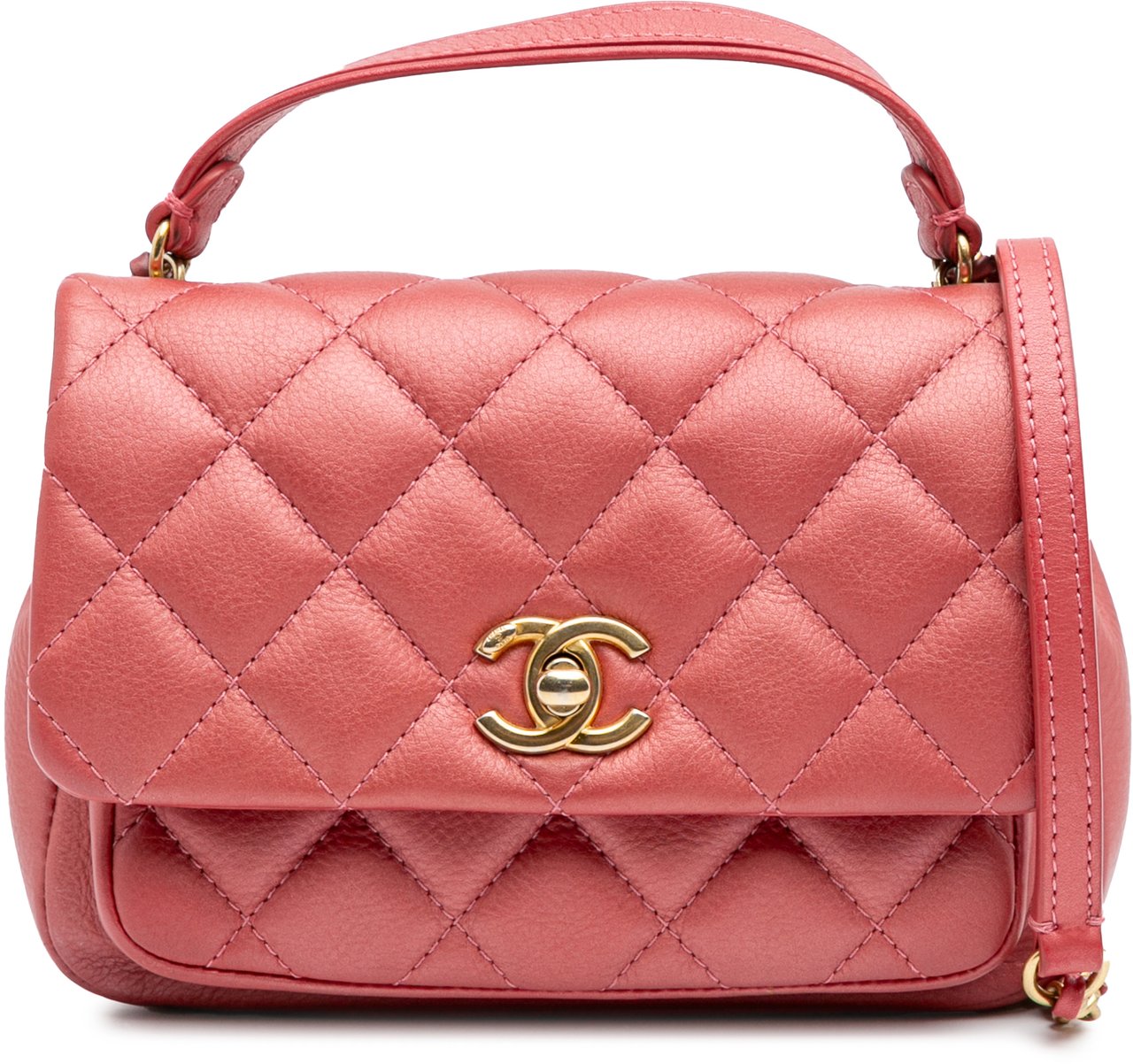 Chanel Quilted Metallic Calfskin Top Handle Flap Roze