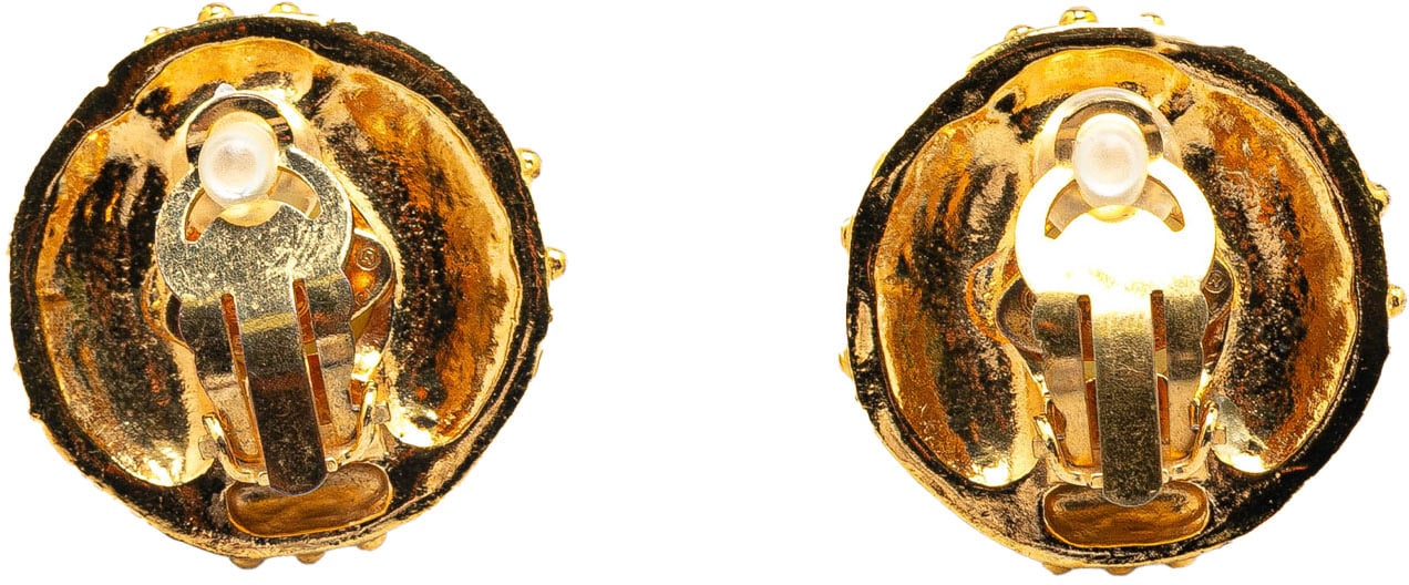 Chanel Gold Plated Round Faux Pearl Rhinestones Clip on Earrings Goud