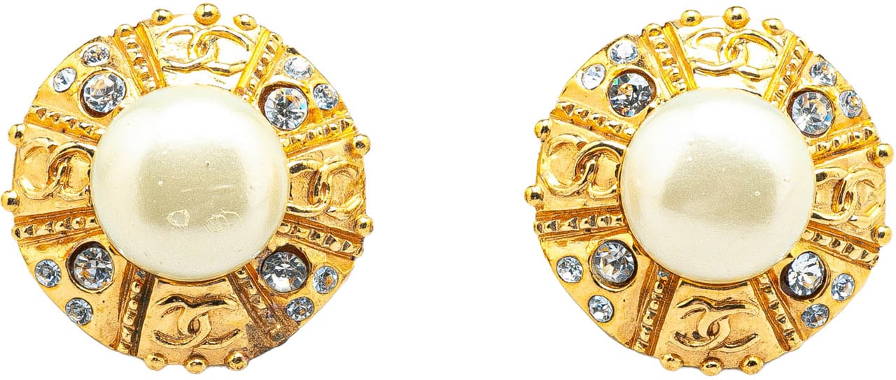 Chanel Gold Plated Round Faux Pearl Rhinestones Clip on Earrings Goud