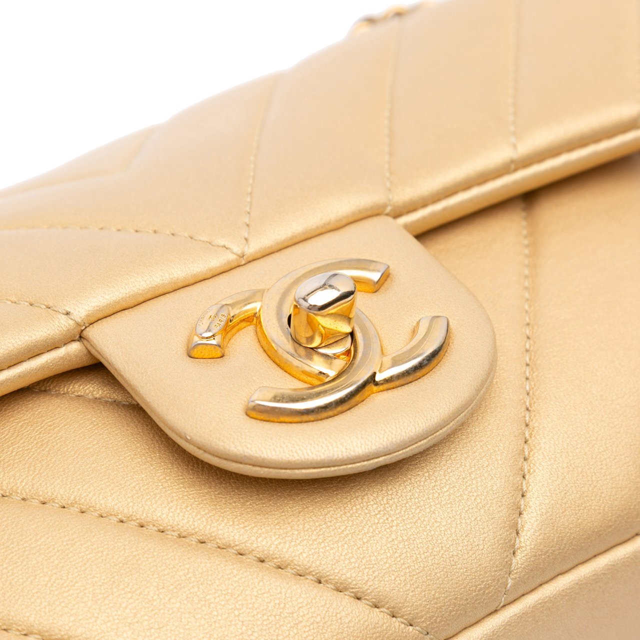 Chanel Mini Quilted Chevron Lambskin Camera Case Flap Goud