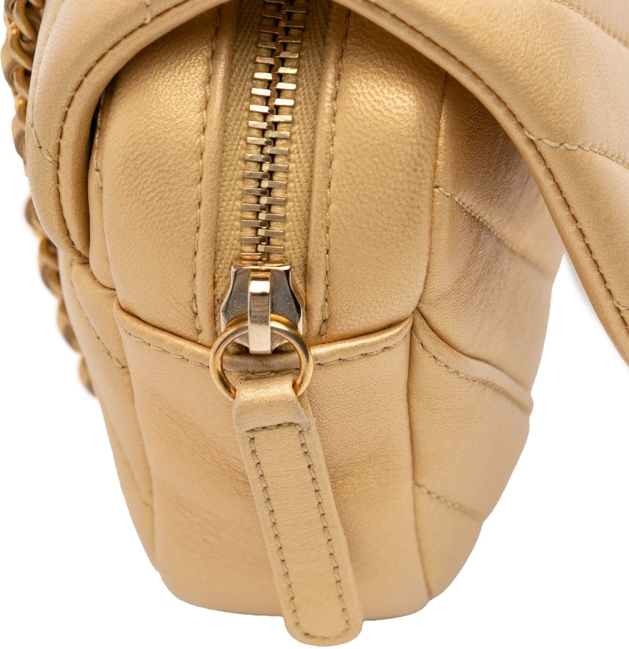 Chanel Mini Quilted Chevron Lambskin Camera Case Flap Goud
