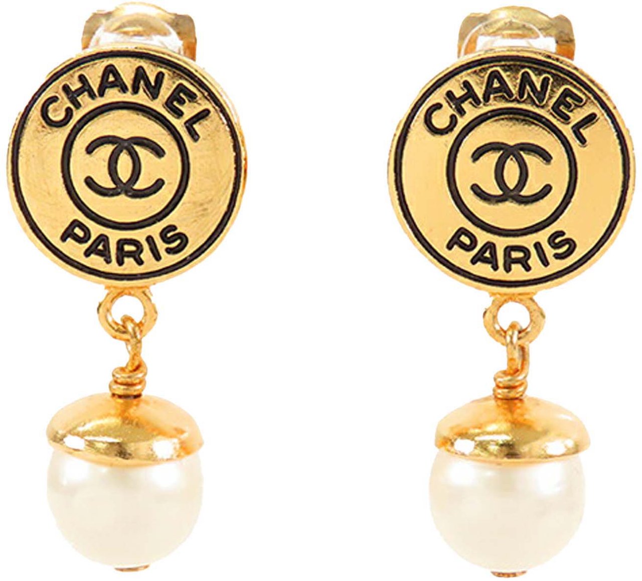Chanel CC Gold Plated Faux Pearl Drop Clip On Earrings Goud