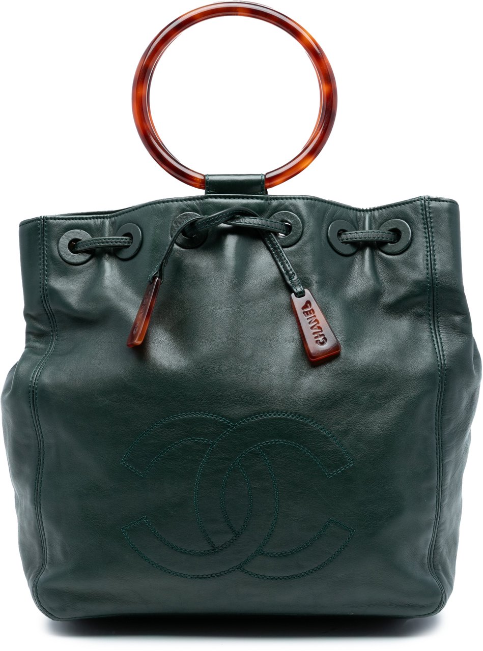 Chanel CC Lambskin Tortoise Ring Drawstring Tote Groen
