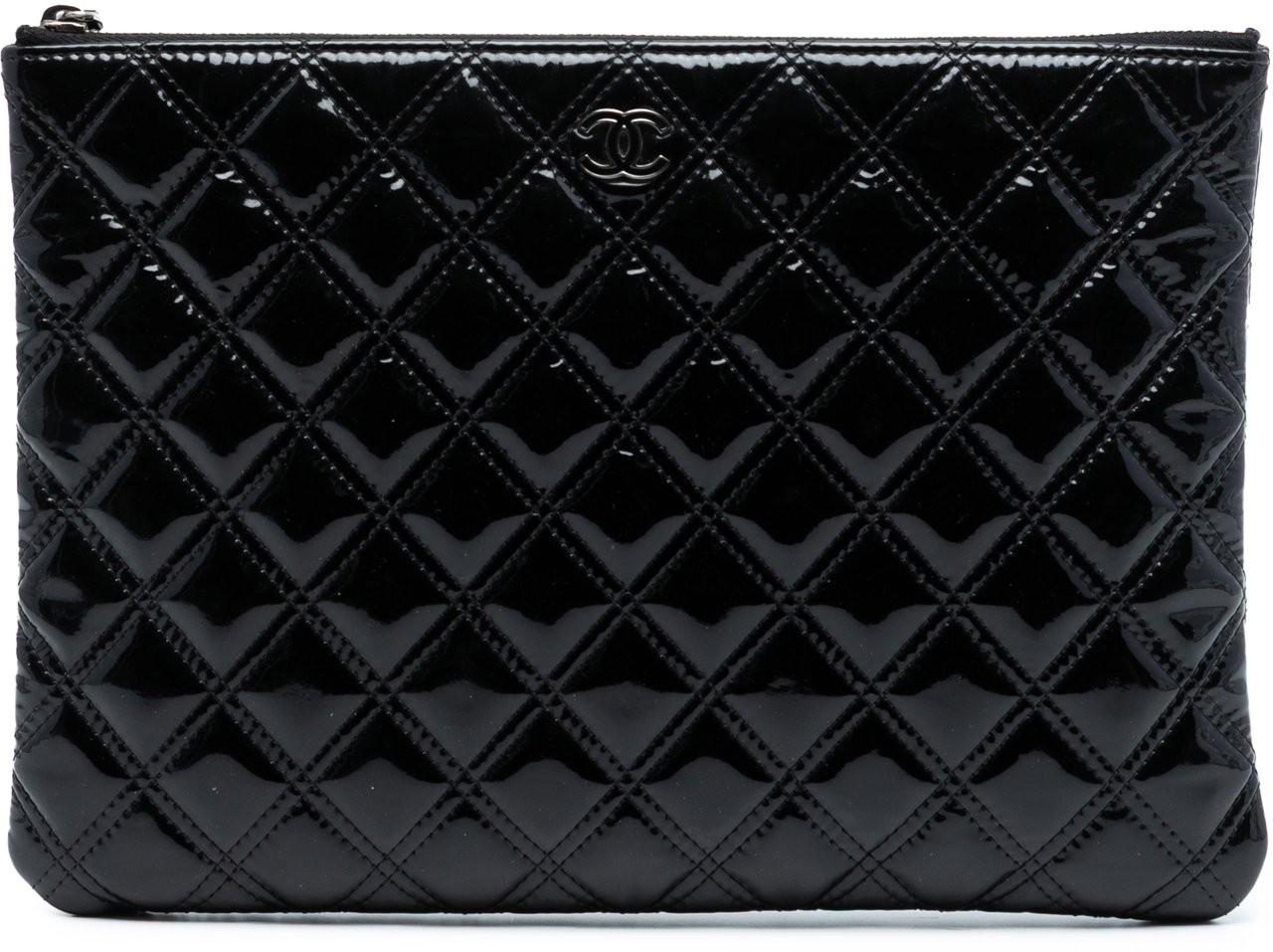 Chanel Medium Quilted Patent Double Stitch O Case Clutch Zwart