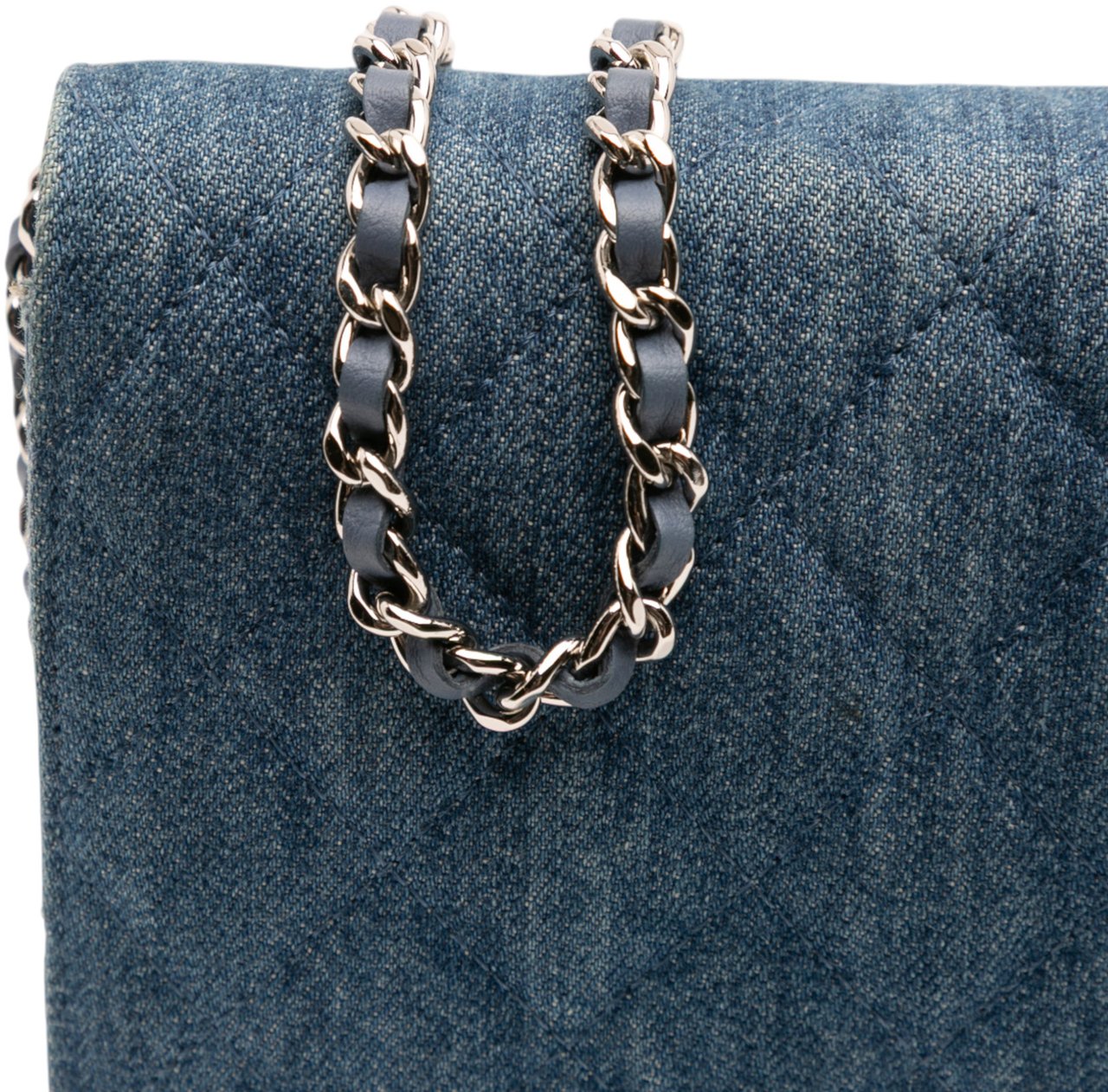Chanel Quilted Denim Camellia Charms Wallet On Chain Blauw