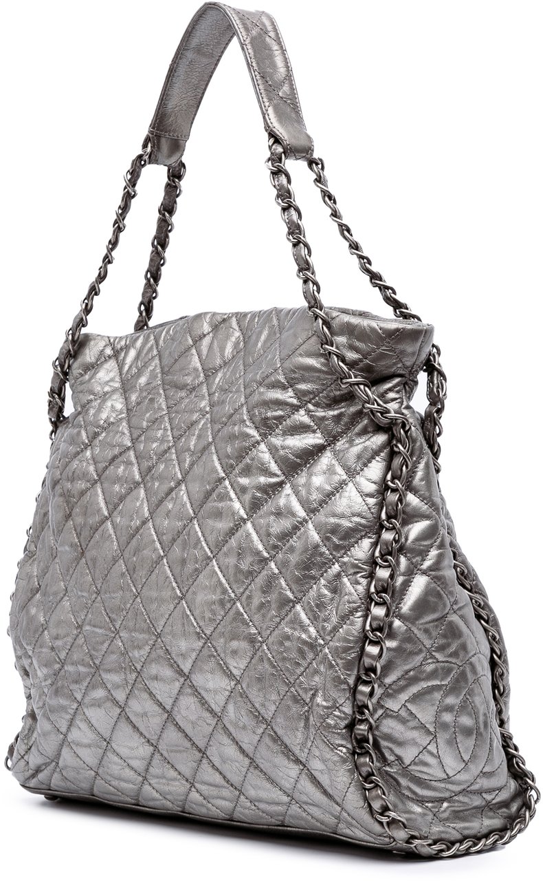 Chanel Large Quilted Metallic Calfskin Chain Me Hobo Zilver