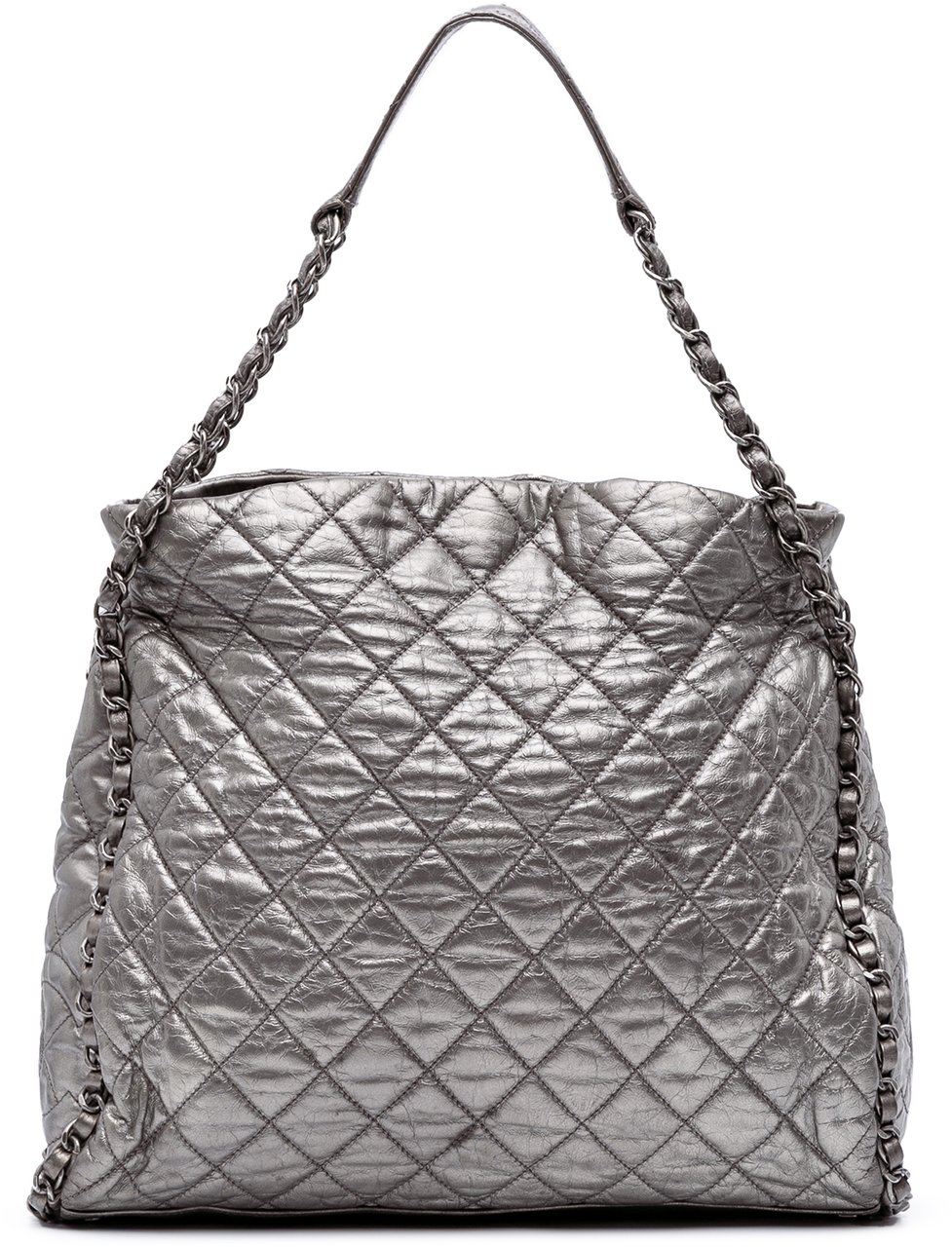 Chanel Large Quilted Metallic Calfskin Chain Me Hobo Zilver