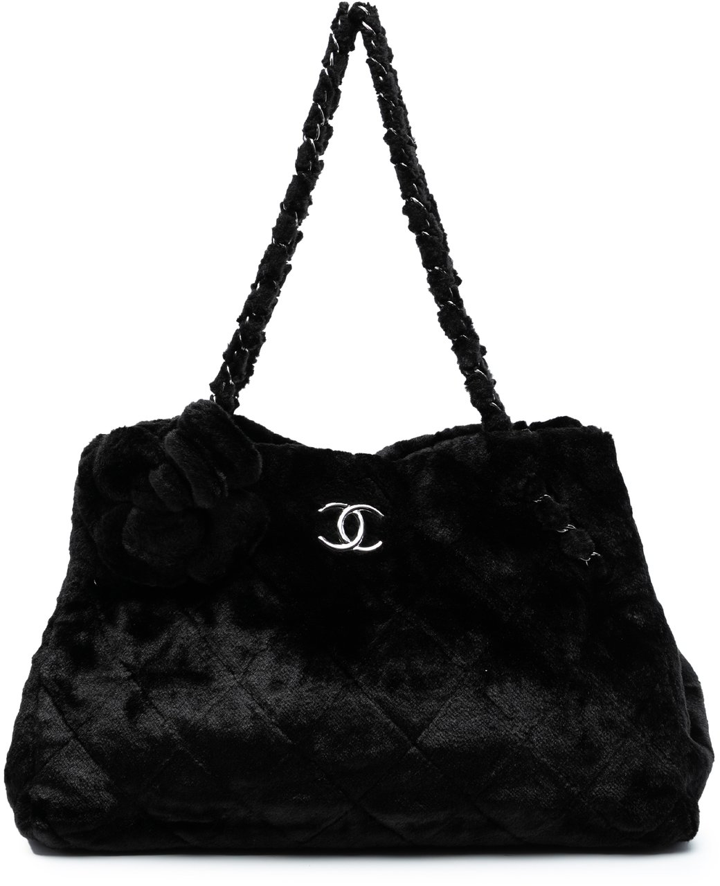 Chanel Quilted Fantasy Fur Camellia Tote Zwart