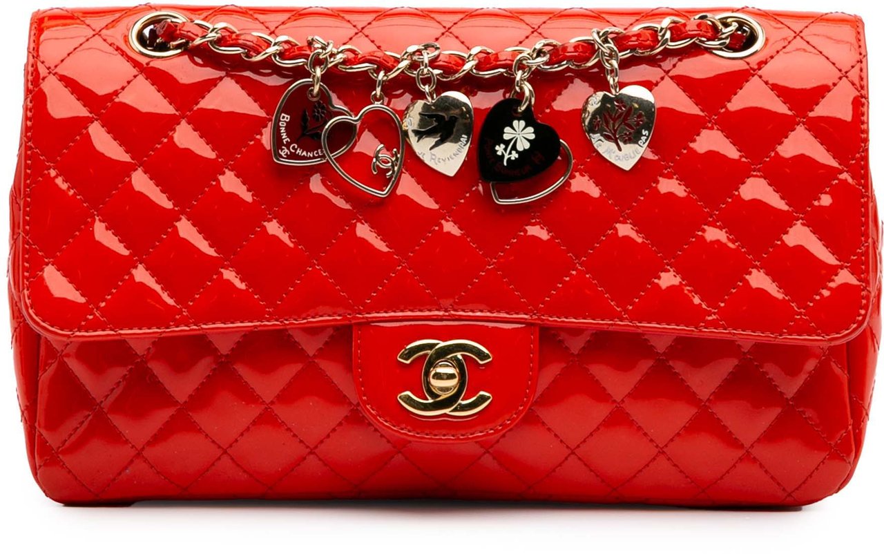 Chanel Medium Classic Patent Valentines Heart Charms Single Flap Rood