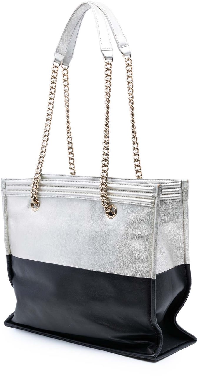 Chanel Large Bicolor Metallic Goatskin and Calfskin Boy Tote Zilver