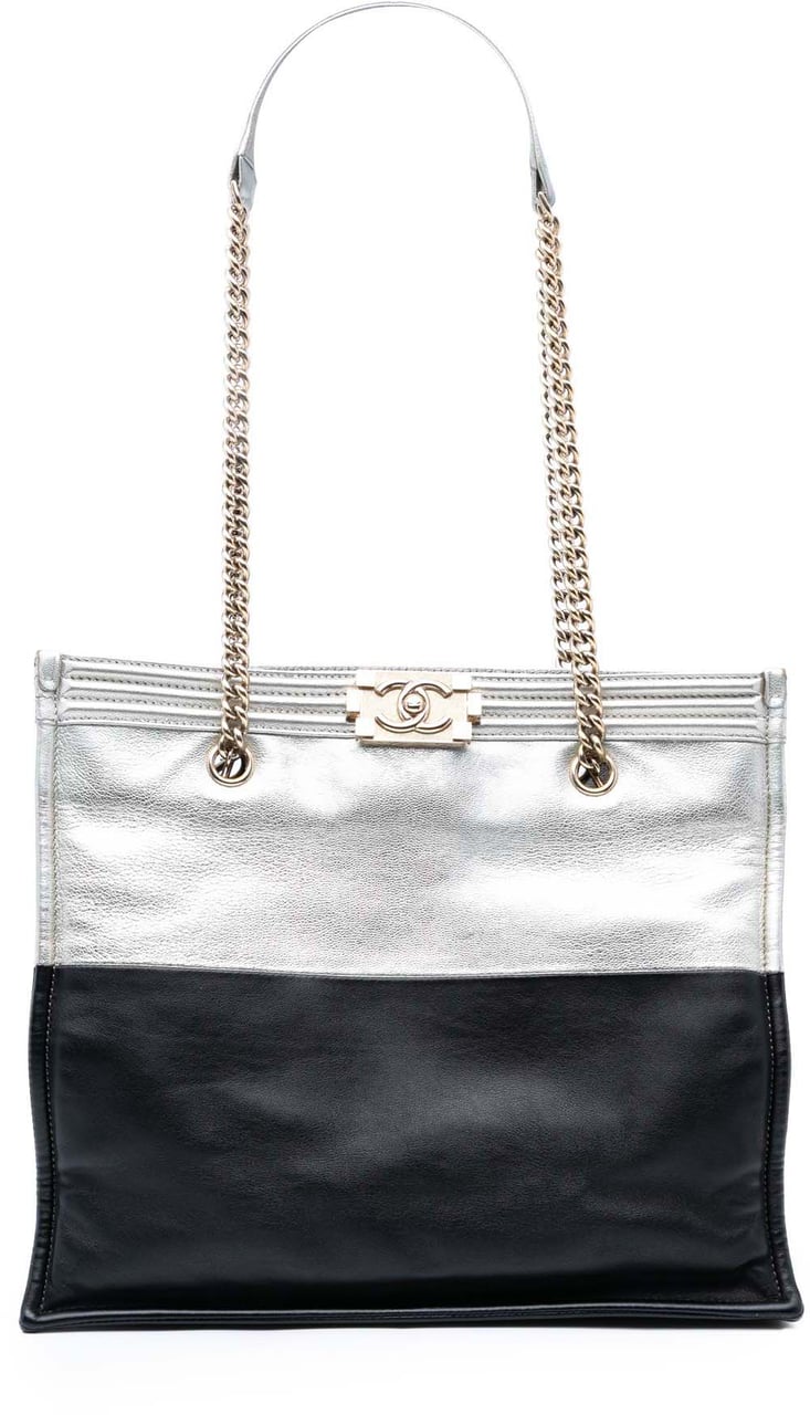 Chanel Large Bicolor Metallic Goatskin and Calfskin Boy Tote Zilver