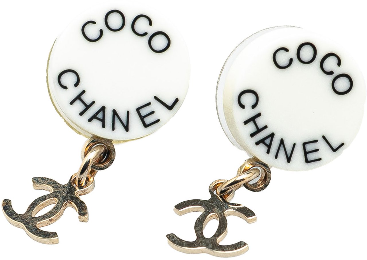 Chanel Gold Plated Acrylic CC Dangle Coco Chanel Push Back Earrings Wit