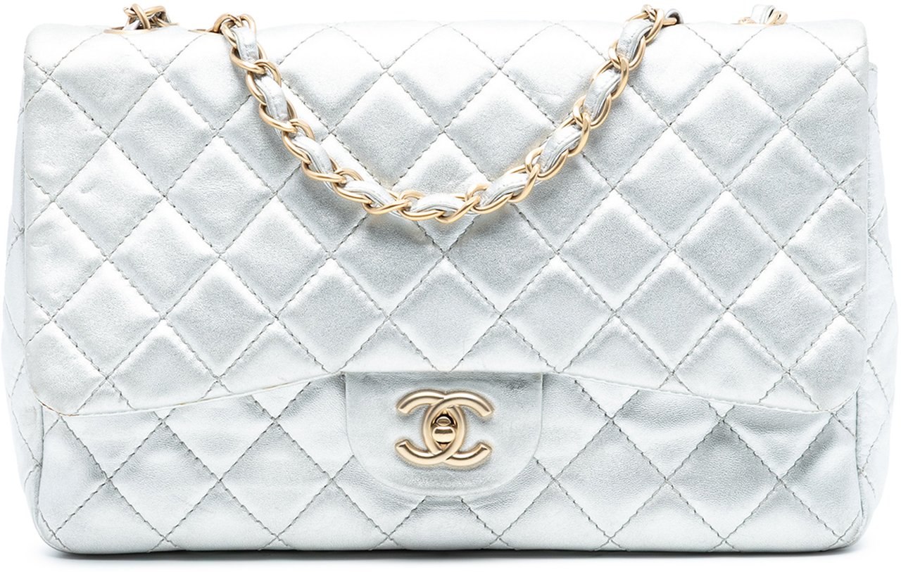 Chanel Jumbo Classic Metallic Lambskin Single Flap Zilver