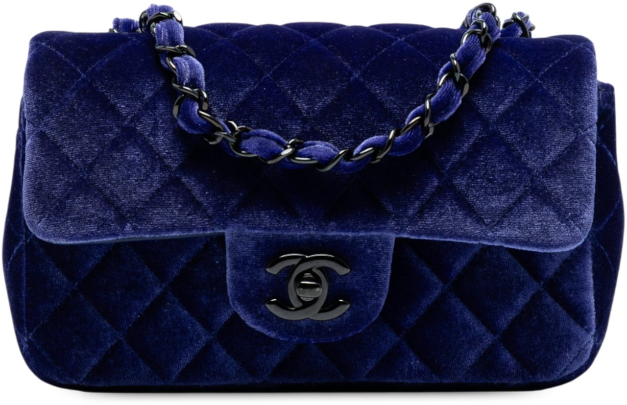 Chanel Mini Rectangular Classic Velvet Single Flap Blauw