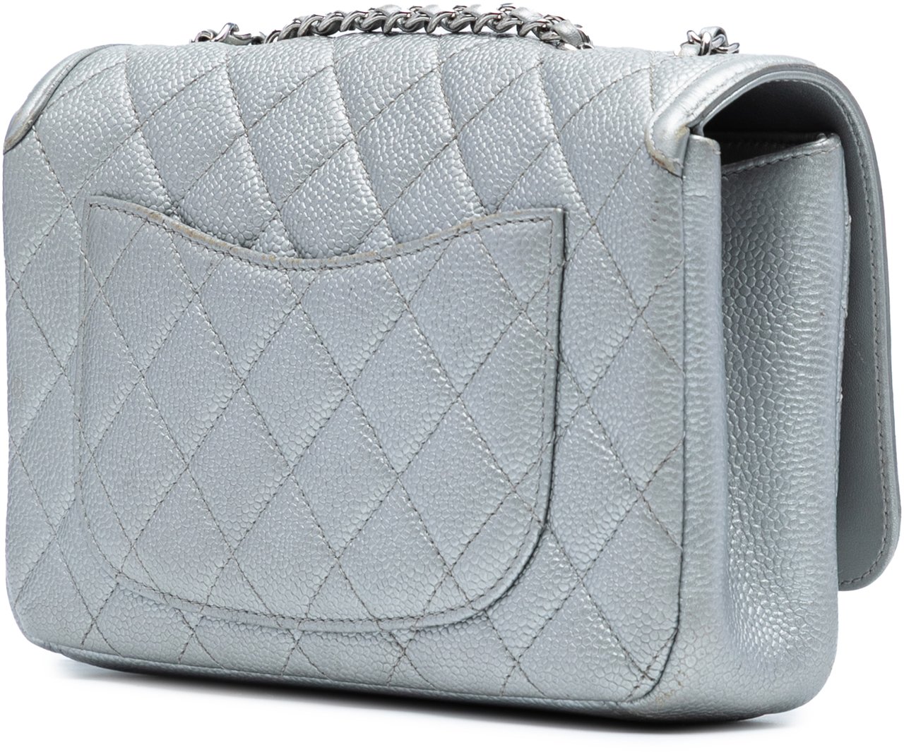 Chanel Small Quilted Metallic Caviar CC Filigree Flap Zilver